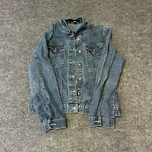 Jeanbay Denim Jacket Womens Size L Blue Fleur De Lis Rhinestone Button Up Casual